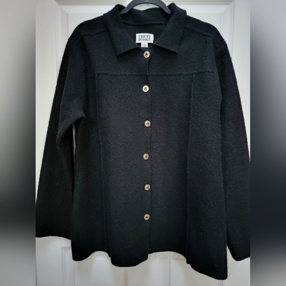 Chico's Women's 100% Wool Stylish Black Button Down Cardigan Size 1
